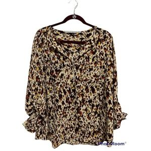 Valerie Stevens Woman's Plus Size 1X Roll Tab Top Blouse- Brown Beige Spotted